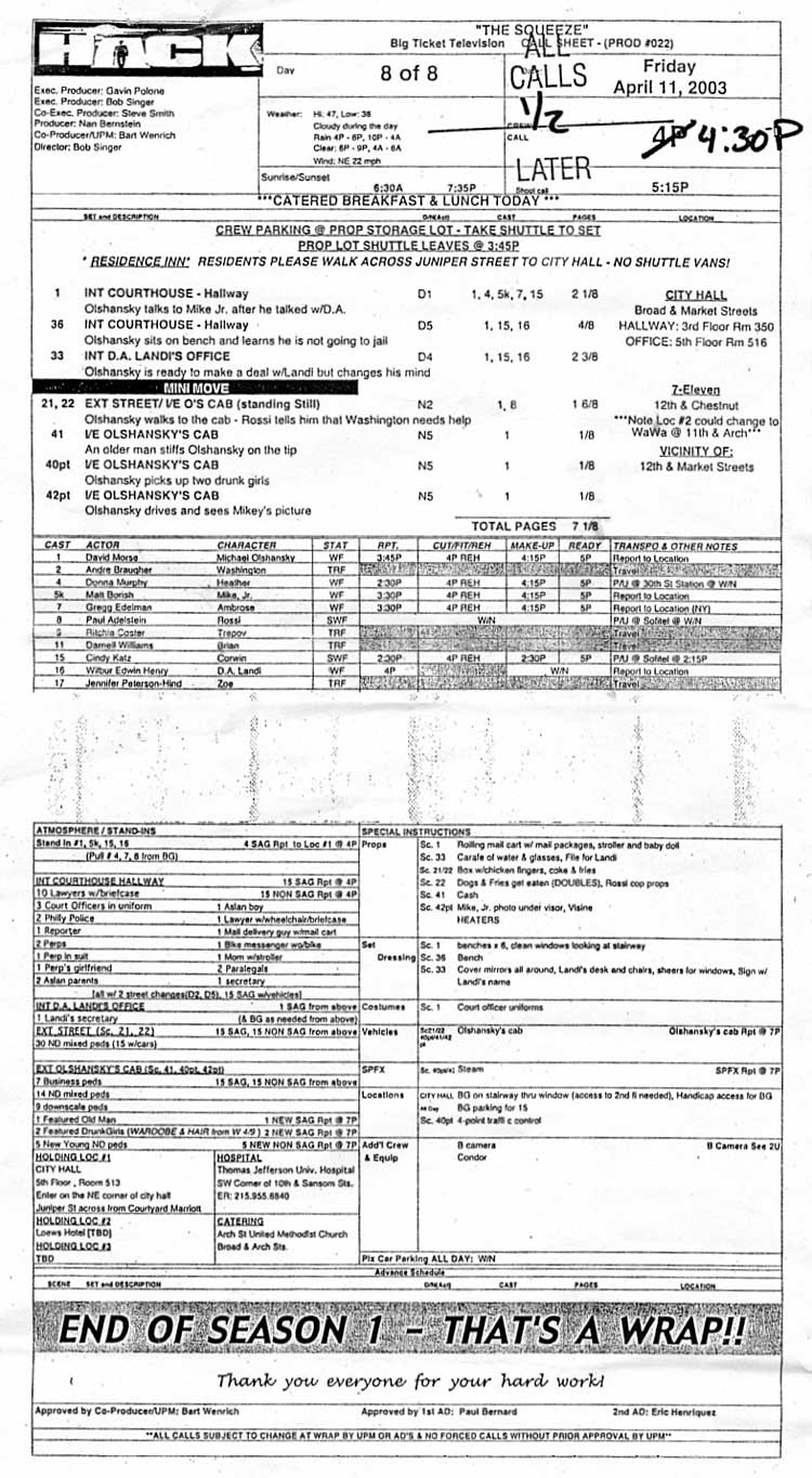 Hack Call Sheet for Hack's Last Episode of Season 1